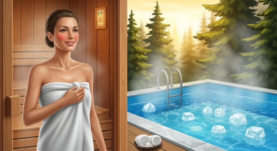 10 Benefits of Sauna: Unlock Peak Wellness Fast 2 Woman emerging from a wooden sauna into a misty cold plunge pool in a tranquil Nordic spa setting, symbolizing the refreshing benefits of heat and cold contrast therapy for health and recovery.