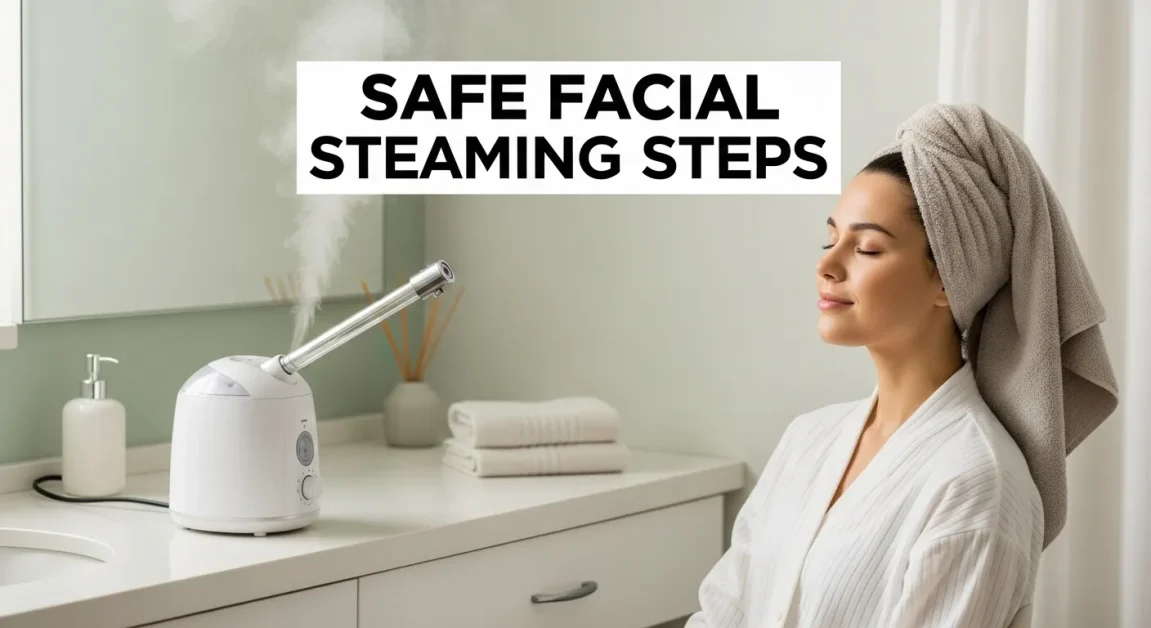 Woman sitting safely in front of a home facial steamer with steam rising, keeping a healthy distance and preparing for skincare after steaming.