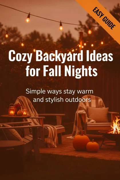 A cozy backyard at dusk with string lights, a fire pit, and warm blankets, showing simple fall patio decor ideas for cool nights.