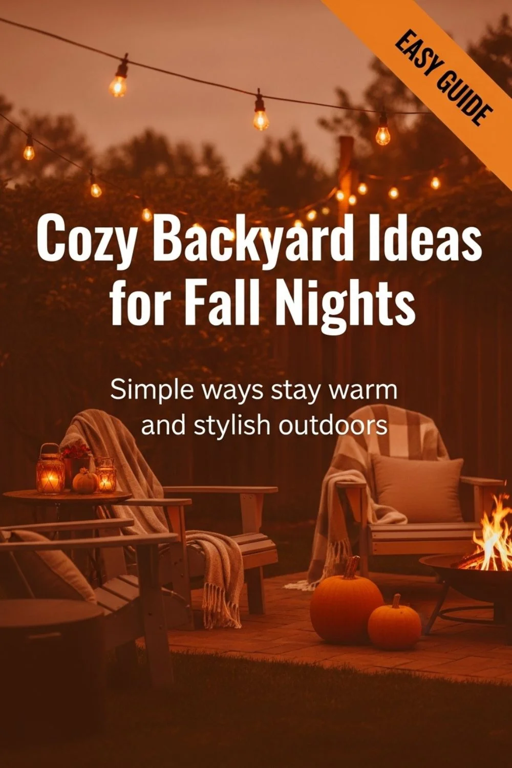 A cozy backyard at dusk with string lights, a fire pit, and warm blankets, showing simple fall patio decor ideas for cool nights.