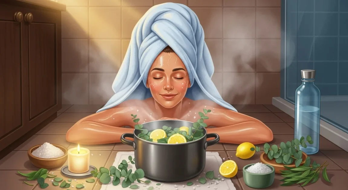 10 Benefits of Sauna: Unlock Peak Wellness Fast 4 Woman enjoying a DIY herbal steam sauna in her bathroom, tented towel over a pot of eucalyptus and lemon, capturing the essence of easy home detox and relaxation benefits.