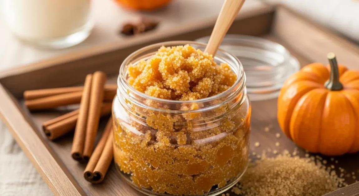 Easy Pumpkin Spa DIYs You Can Try at Home 3 Homemade pumpkin sugar scrub in glass jar with cinnamon sticks and brown sugar on a spa tray.