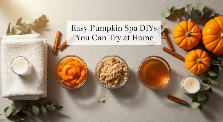 Flat lay of pumpkin spa ingredients with towels and candles, featuring the title text ‘Easy Pumpkin Spa DIYs You Can Try at Home.