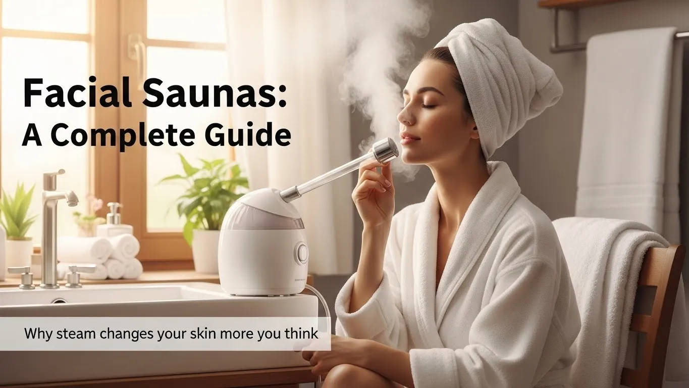 A woman using a facial steamer in a bright bathroom with the visible title “Facial Saunas: A Complete Guide” and a subtitle about how steam changes skin.
