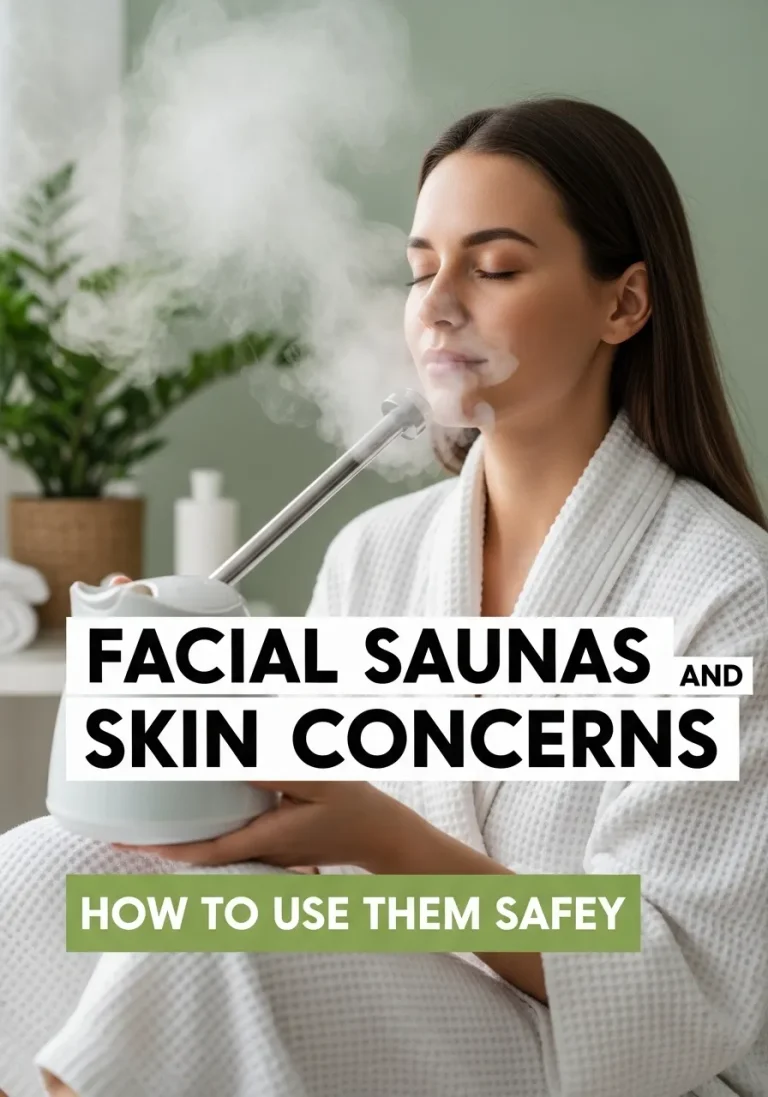 Woman using a facial steamer at home with warm steam rising, featuring bold text “Facial Saunas and Skin Concerns: How to Use Them Safely” on a calm, spa-like background.