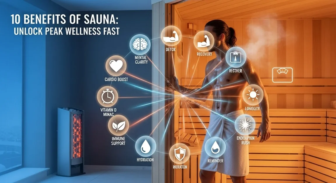 10 Benefits of Sauna: Unlock Peak Wellness Fast 3 Motivational scene of a person unlocking sauna benefits through 10 symbolic icons like heart health and muscle recovery, emphasizing fast wellness gains in a steamy spa environment.