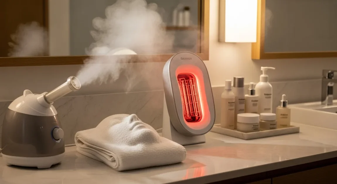 Two types of facial sauna devices on a bathroom counter: a steam steamer releasing gentle mist and a sleek infrared device glowing softly, with skincare bottles nearby, cozy spa-like setup, no faces visible.