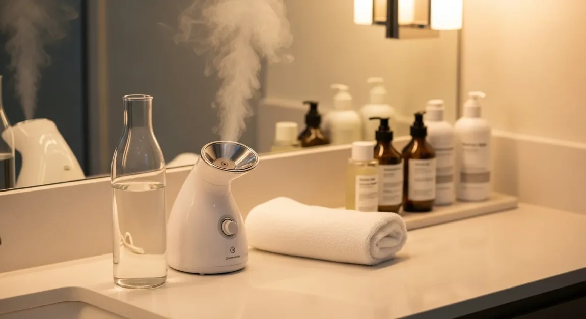 A modern facial steamer on a clean countertop with steam rising, distilled water bottle nearby, white towel and skincare products in the background, cozy spa setting.