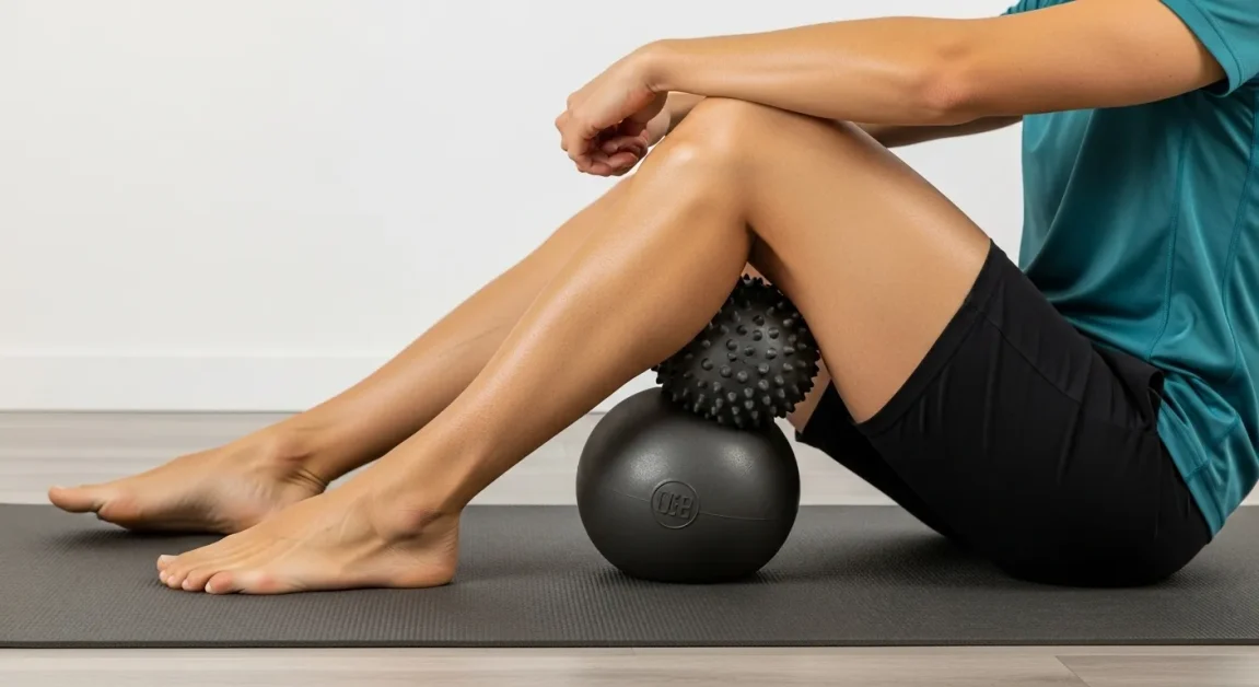 Person using a massage ball on quads, hamstrings, calves, and IT band while lying on a yoga mat to relieve leg muscle tension.