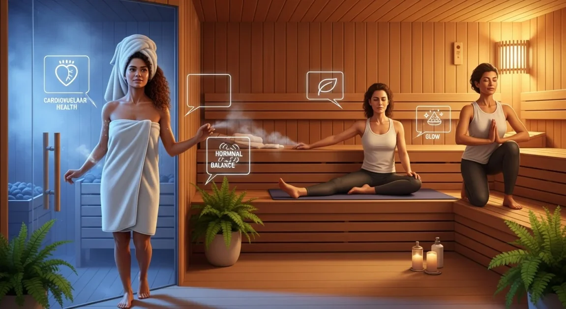 10 Benefits of Sauna: Unlock Peak Wellness Fast 1 Empowered women enjoying sauna benefits in a cozy wellness space, highlighting hormonal relief, skin glow, and heart health through radiant expressions and symbolic icons.