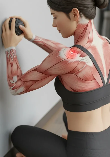 Person using a massage ball on shoulder to release a trigger point, with tender knot highlighted.