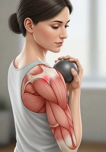 A woman using a massage ball on shoulder to release a trigger point, with tender knot highlighted.