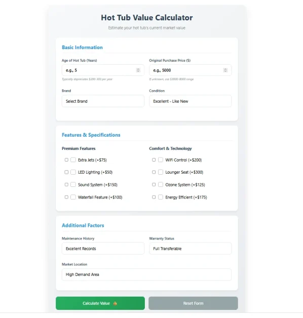Hot Tub Value Calculator: 2 A main Hot Tub Value Calculator interface.