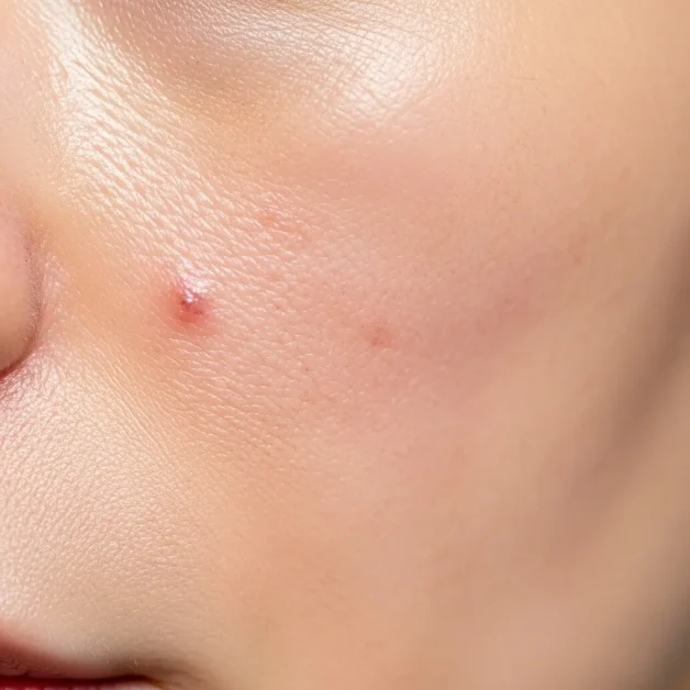 Facial Saunas: How Steam Clears Pores Fast and Helps Sinus Pressure 5 Close-up of acne-prone facial skin with blemishes and mild redness.