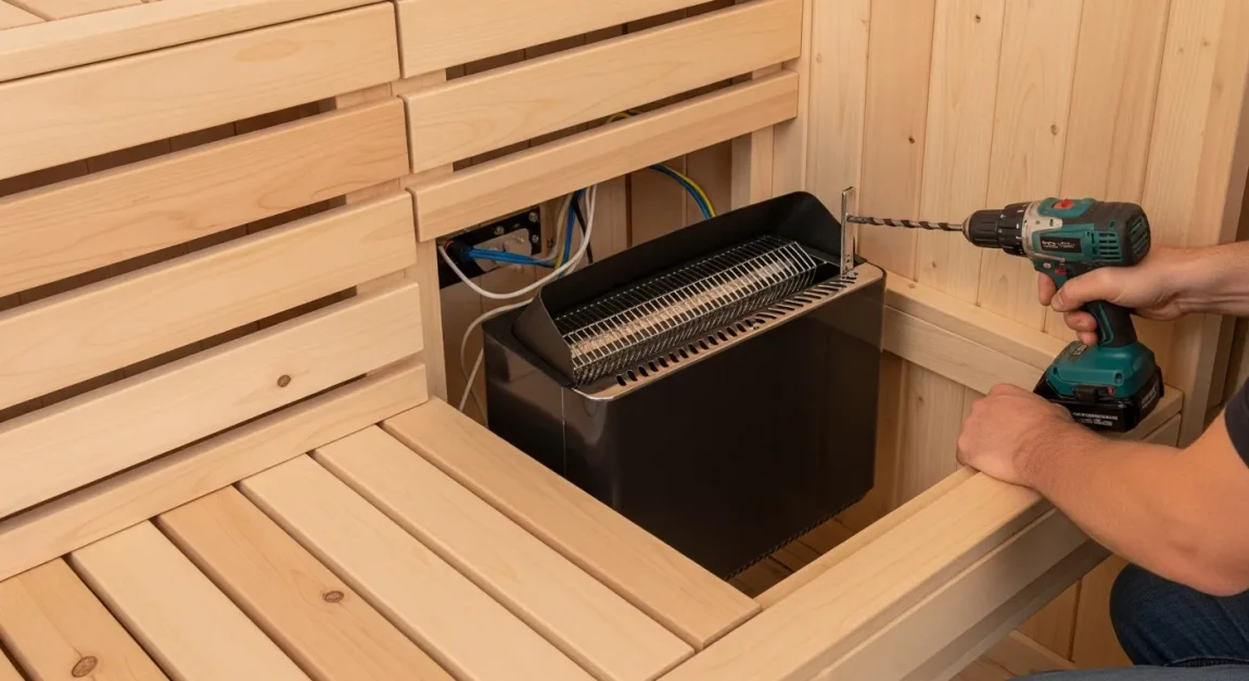 Small Sauna Room Designs That Save Space at Home 7 Installing small electric sauna heater with proper clearance