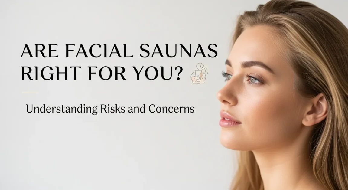 Are Facial Saunas Right for You? Understanding Risks and Concerns 1 A woman ready to use a facial sauna and info text.