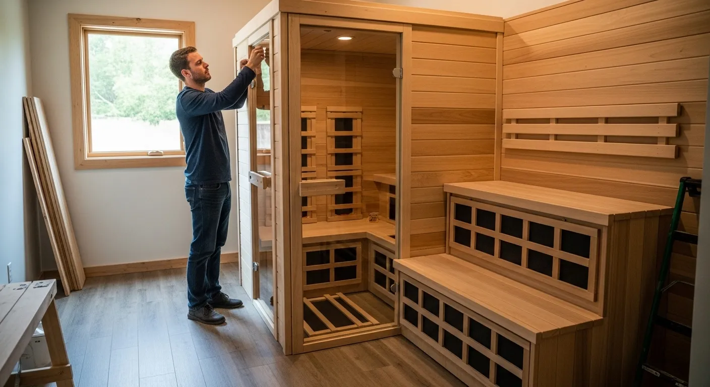 Sauna kit wall panels being assembled for a small home sauna