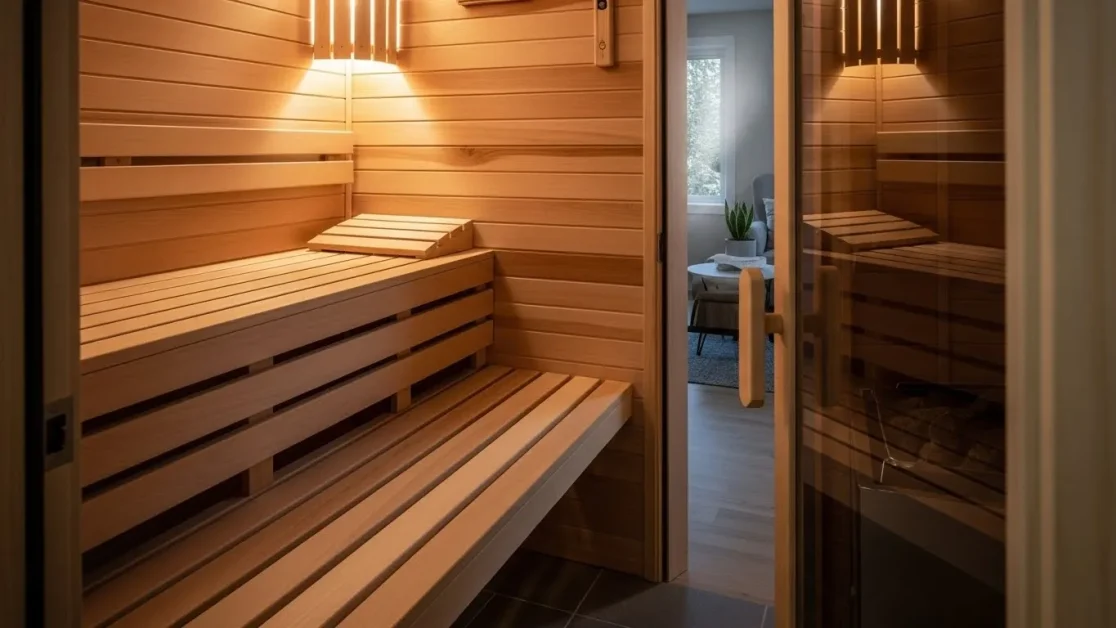 How to Create the Perfect Indoor Sauna Nook: Small Space, Big Style 24 Small indoor cedar sauna with open door, benches lifted for drying, and clean wood surfaces showing proper ventilation and upkeep.