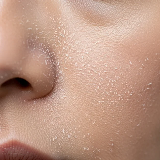 Facial Saunas: How Steam Clears Pores Fast and Helps Sinus Pressure 3 Close-up of dry facial skin showing fine flaking and a tight, matte texture.