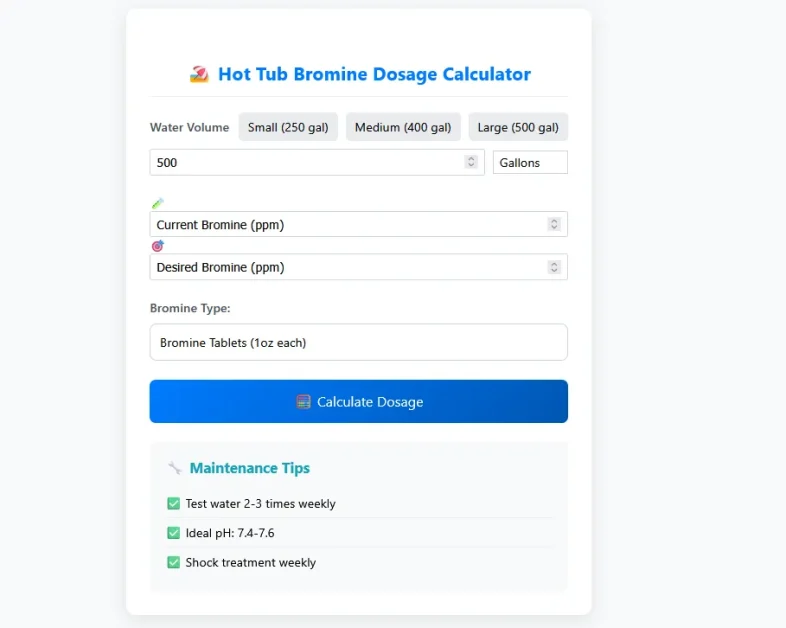 A screenshot of Hot Tub Bromine Dosage Calculator app.