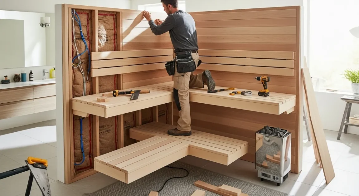 Small Sauna Room Designs That Save Space at Home 3 Building a small home sauna in a modern bathroom corner