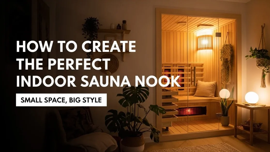 How to Create the Perfect Indoor Sauna Nook: Small Space, Big Style 4 Cozy indoor sauna nook with warm wood, soft lights, plants, and bold title text covering most of the image.