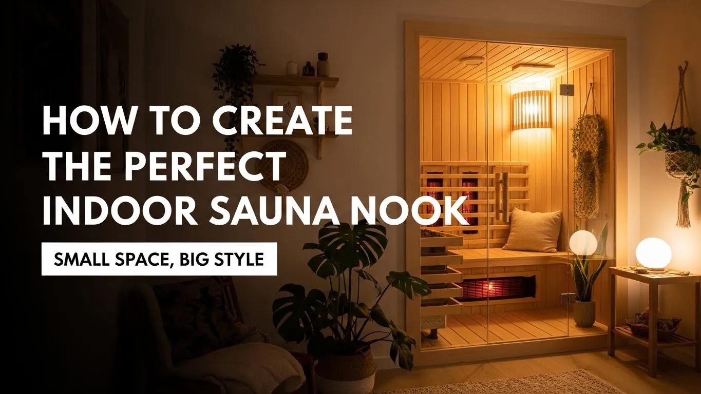 Cozy indoor sauna nook with warm wood, soft lights, plants, and bold title text covering most of the image.