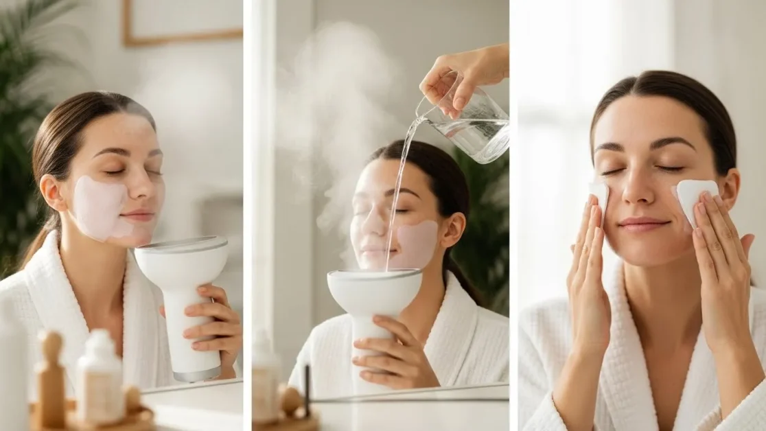 Facial Saunas: How Steam Clears Pores Fast and Helps Sinus Pressure 7 Woman using a facial sauna safely with proper distance and gentle steam in a bright bathroom.