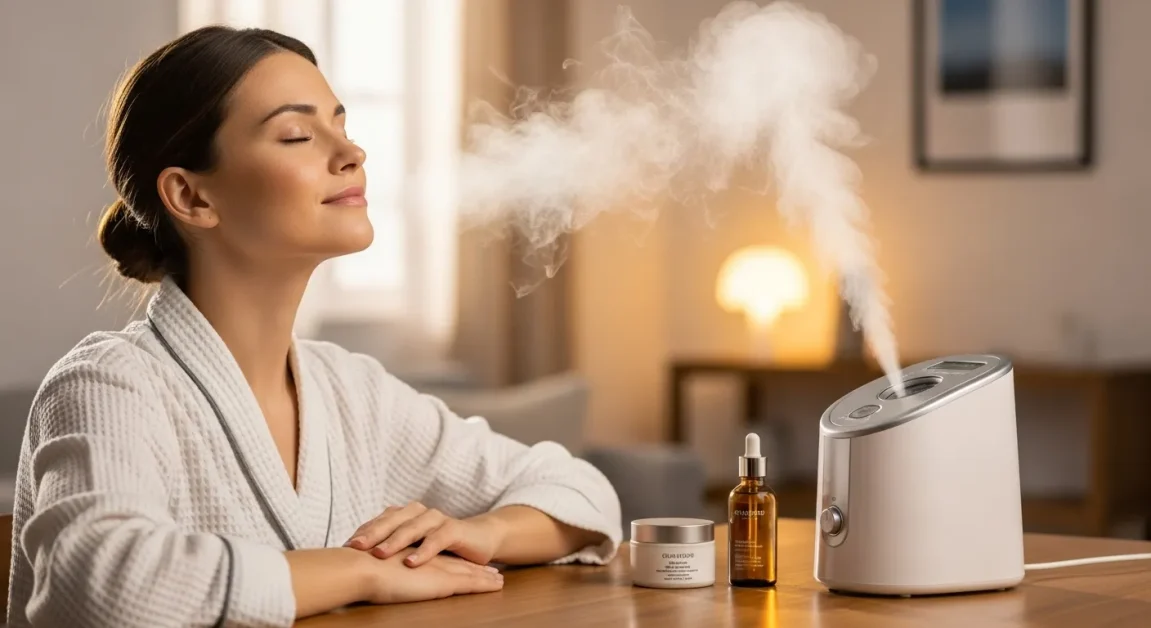 Are Facial Saunas Right for You? Understanding Risks and Concerns 2 Home facial sauna setup with a woman enjoying gentle steam, serum and moisturizer ready, hair tied back, relaxed expression, and cozy indoor environment.