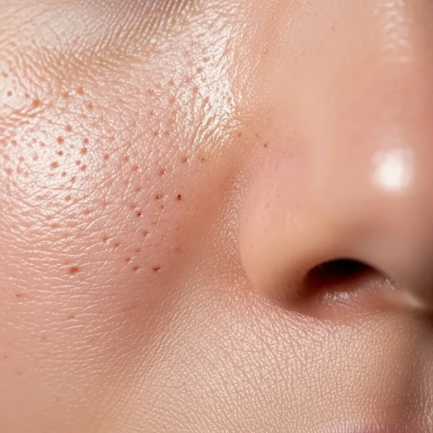 Facial Saunas: How Steam Clears Pores Fast and Helps Sinus Pressure 2 Close-up of oily facial skin with visible shine and enlarged pores.