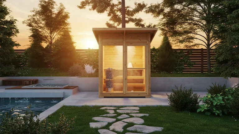 Shed-to-Sauna Conversion: Structure, Cost & Safety 2 Small wooden sauna cabin in a lush backyard at sunset, warm interior lighting, light steam at the doorway, and a stone path leading through the grass.