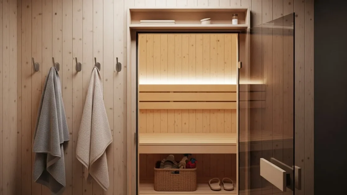 How to Create the Perfect Indoor Sauna Nook: Small Space, Big Style 23 A Smart storage tricks for sauna for space saving solution.