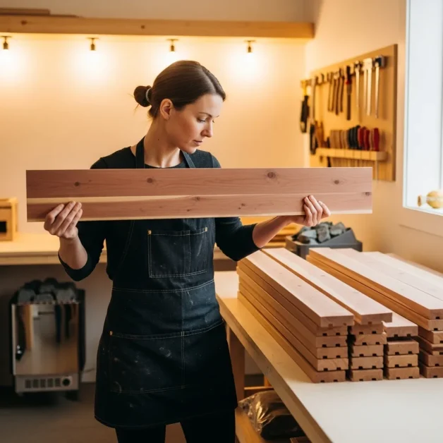 How to Create the Perfect Indoor Sauna Nook: Small Space, Big Style 6 A woman comparing warm reddish cedar boards in a small workshop while choosing wood for a sauna.