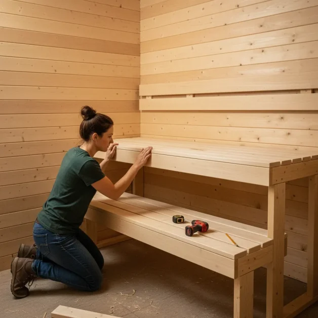 How to Create the Perfect Indoor Sauna Nook: Small Space, Big Style 15 A woman installing smooth wood benches inside a small sauna, attaching them to the wall blocking with space below for airflow.