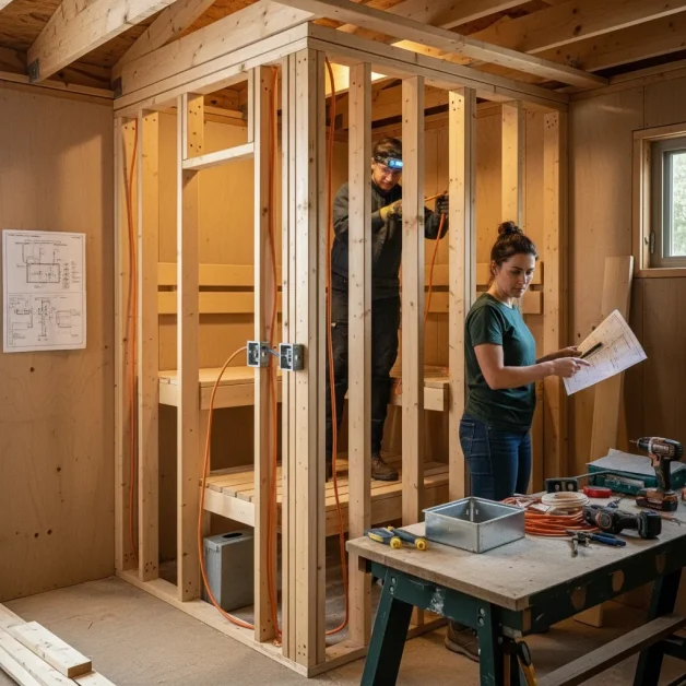 How to Create the Perfect Indoor Sauna Nook: Small Space, Big Style 13 A woman reviewing sauna electrical plans while an electrician installs heat rated wiring and exterior switch boxes.