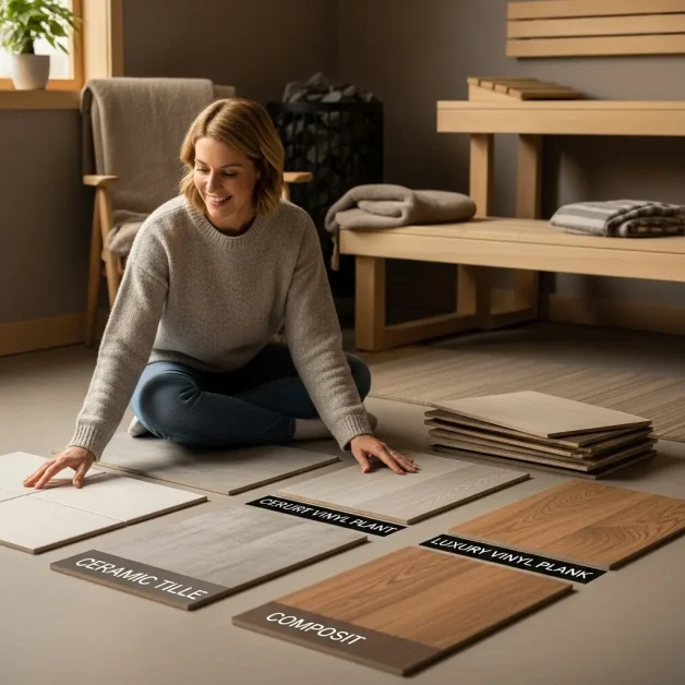 How to Create the Perfect Indoor Sauna Nook: Small Space, Big Style 8 A woman comparing heat safe flooring samples like tile, concrete, vinyl plank and composite boards for a small sauna project.