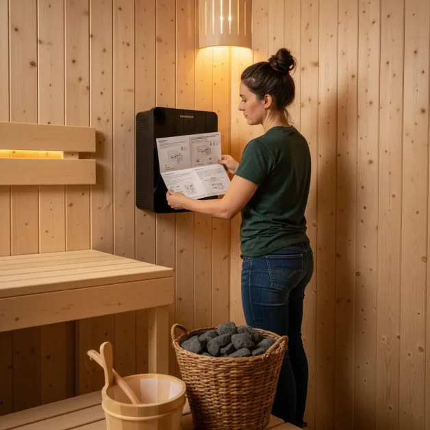 How to Create the Perfect Indoor Sauna Nook: Small Space, Big Style 16 A woman setting a sauna heater in place inside a small sauna nook and checking the required safety clearances.