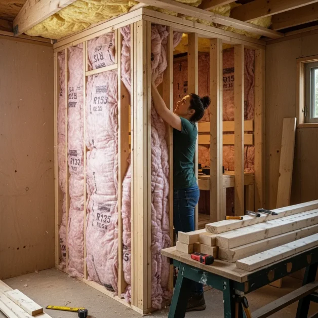 How to Create the Perfect Indoor Sauna Nook: Small Space, Big Style 11 A woman adding fluffy insulation to the walls and ceiling of a small sauna nook without packing it tight.