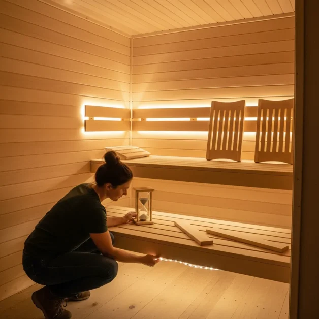 How to Create the Perfect Indoor Sauna Nook: Small Space, Big Style 17 A woman installing sauna safe LED lighting and adding small finishing touches like trim and a sand timer inside a small sauna nook.