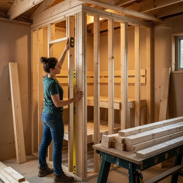 How to Create the Perfect Indoor Sauna Nook: Small Space, Big Style 10 A woman framing a small sauna nook with 2x4 studs and checking the wall alignment with a level.