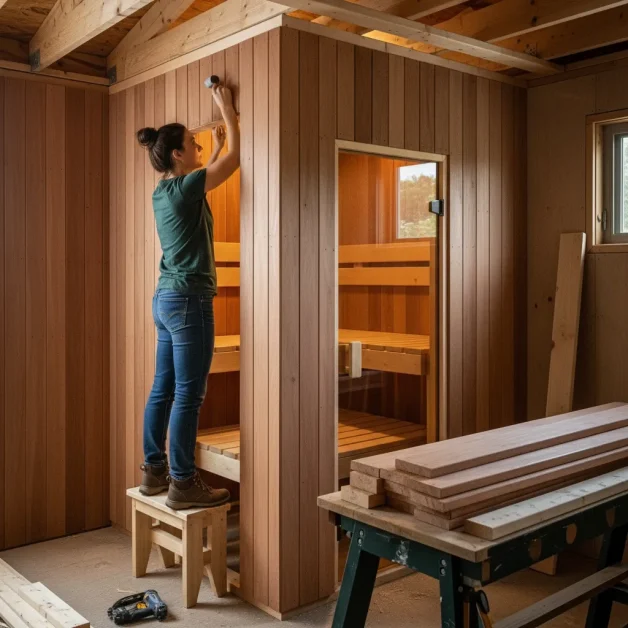 How to Create the Perfect Indoor Sauna Nook: Small Space, Big Style 14 A woman installing tongue and groove wood panels on the ceiling and walls of a small sauna nook.