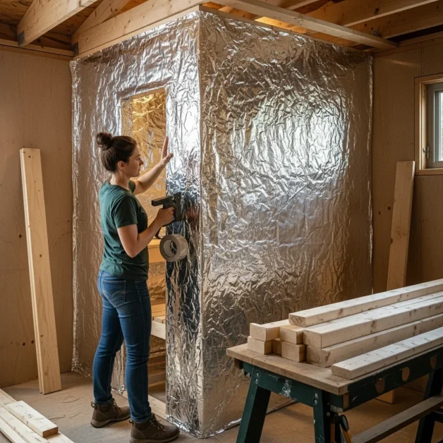 How to Create the Perfect Indoor Sauna Nook: Small Space, Big Style 12 A woman stapling a shiny foil vapor barrier inside a small sauna nook and sealing the seams with foil tape.