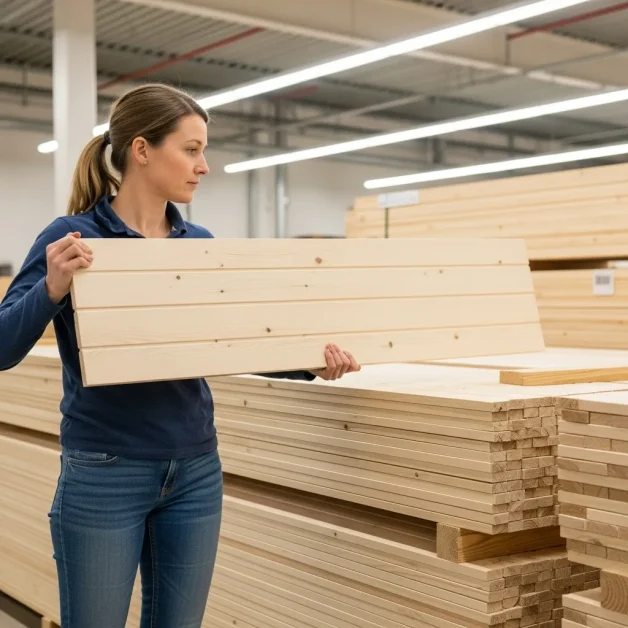 How to Create the Perfect Indoor Sauna Nook: Small Space, Big Style 7 A woman holding a light spruce board while picking materials for a small sauna build.