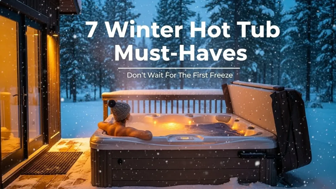 7 Things You Need in Your Hot Tub This Winter (Before the First Snow) 2 Person relaxing at edge of steaming hot tub on snowy wooden deck at dusk with text "7 Winter Hot Tub Must-Haves" overlaid on image.