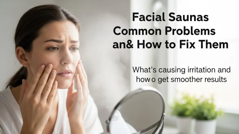 A woman steaming her face while checking her skin in a mirror, with bold title text about facial sauna problems and a subtitle about irritation and solutions.