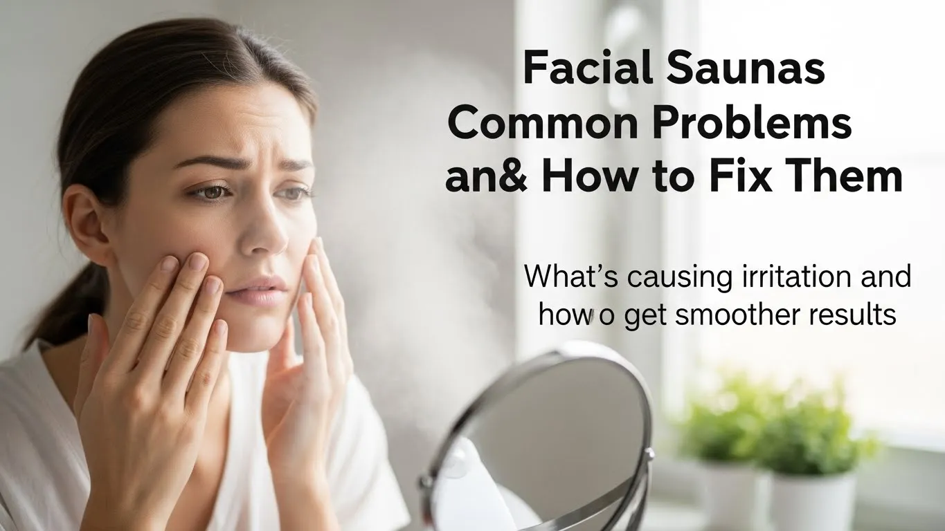 A woman steaming her face while checking her skin in a mirror, with bold title text about facial sauna problems and a subtitle about irritation and solutions.