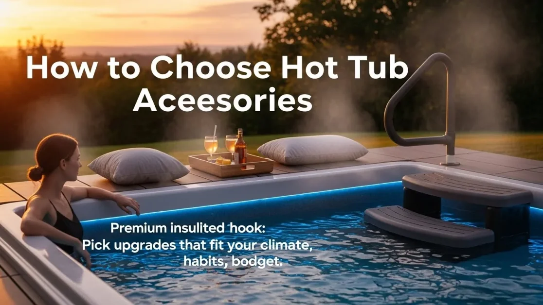 Hot Tub Accessories<gwmw style="display:none;"></gwmw> 17 Person comparing hot tub accessories like a cover, steps, pillow, and tray beside a steaming spa at sunset with title and subtitle visible.