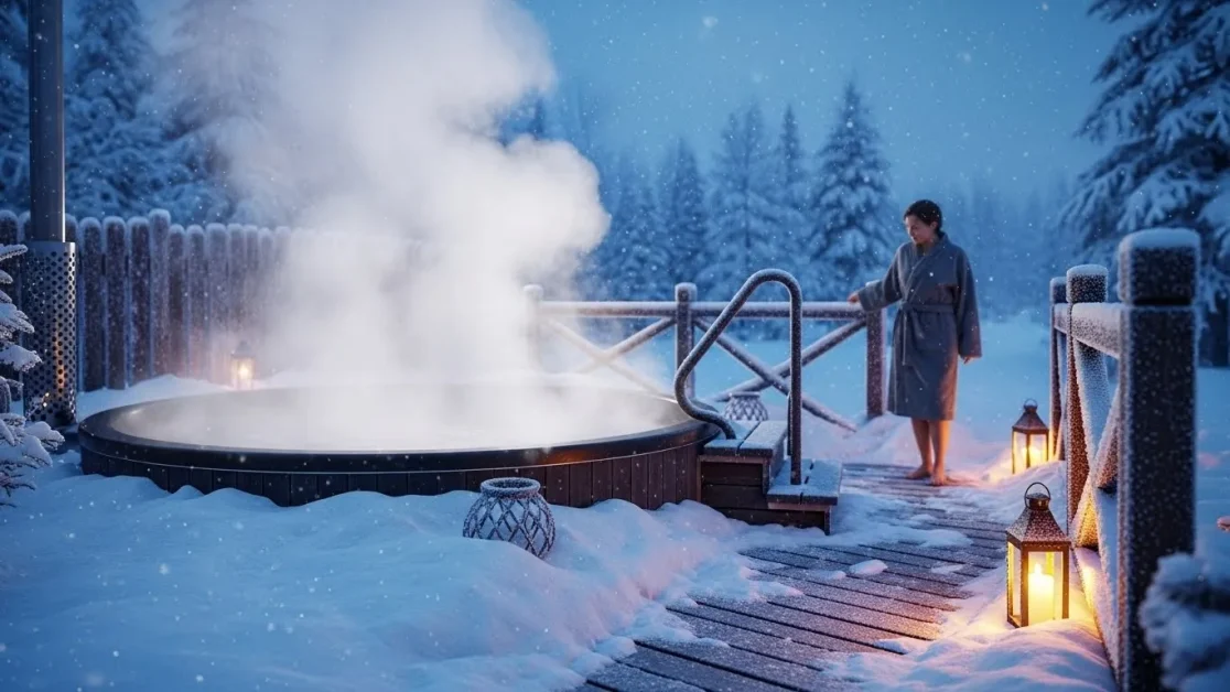 7 Things You Need in Your Hot Tub This Winter (Before the First Snow) 2 Steam rising from a hot tub in a snowy backyard with frost on the deck and a person approaching carefully, showing the extreme temperature contrast and winter safety challenges.