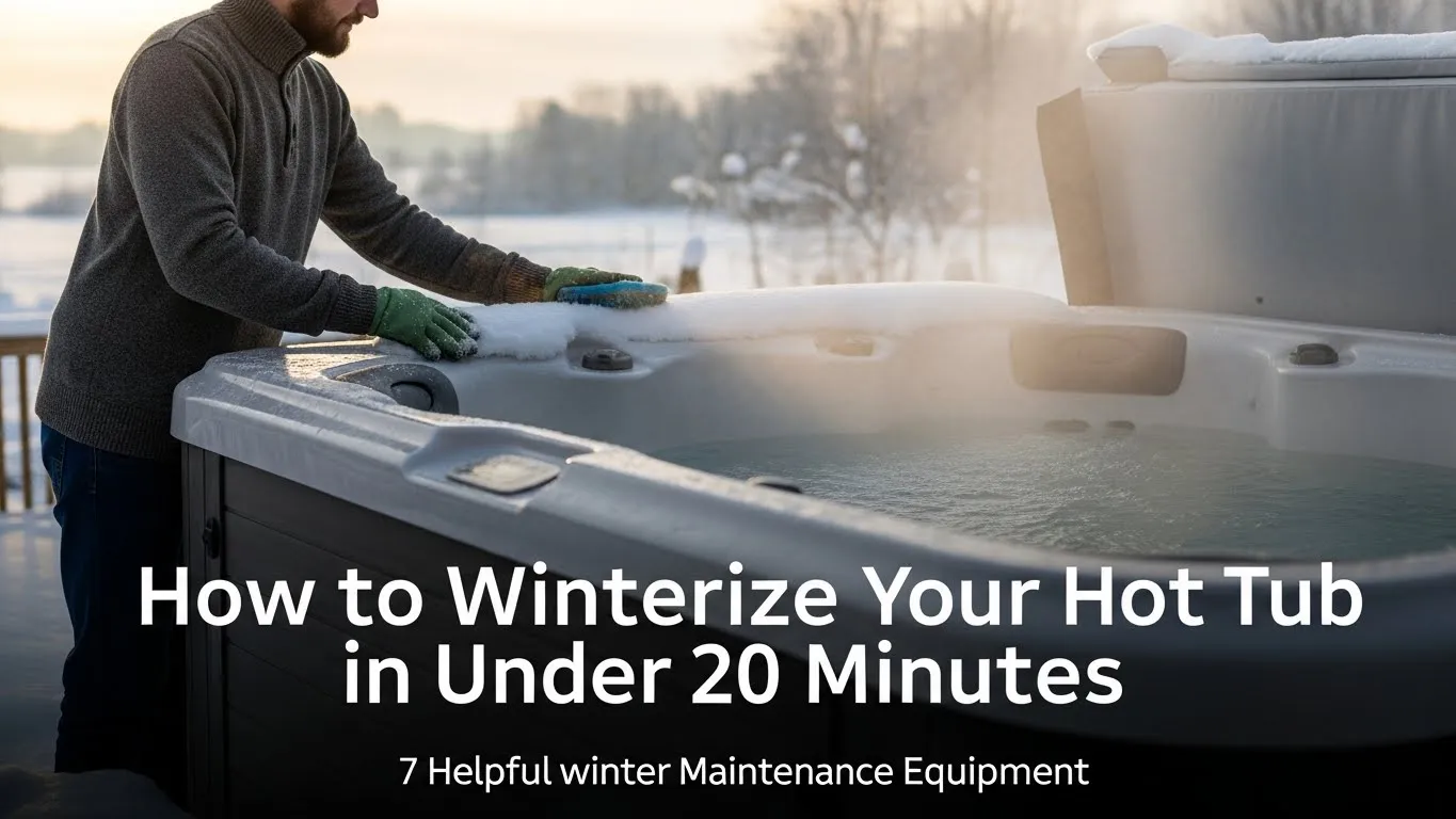 Homeowner clearing snow from the cover of an outdoor hot tub in a winter backyard.