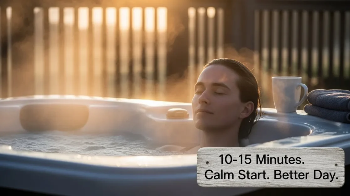 Pros and Cons of Owning a Spa: Is a Home Spa Really Worth It? 6 A lifelike adult woman relaxing in a modern outdoor home spa at sunset, half of the scene showing calm enjoyment and warm steam rising, the other half subtly showing concern with visible maintenance items like water test strips and spa controls nearby.